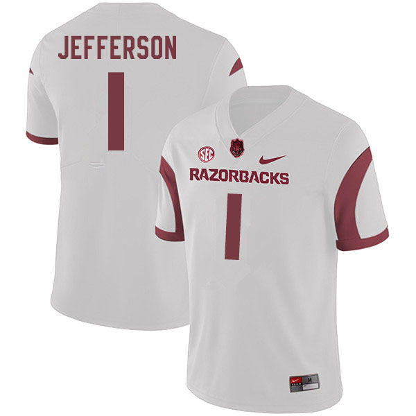 Men #1 K.J. Jefferson Arkansas Razorbacks College Football Jerseys Sale-White - Click Image to Close